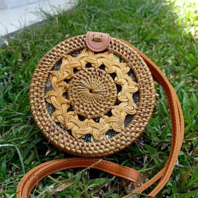 Boho Rattan Circle Bag Handmade
