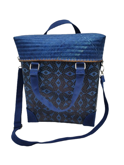 Ethnic Blue Bamboo Weave Sling Tote