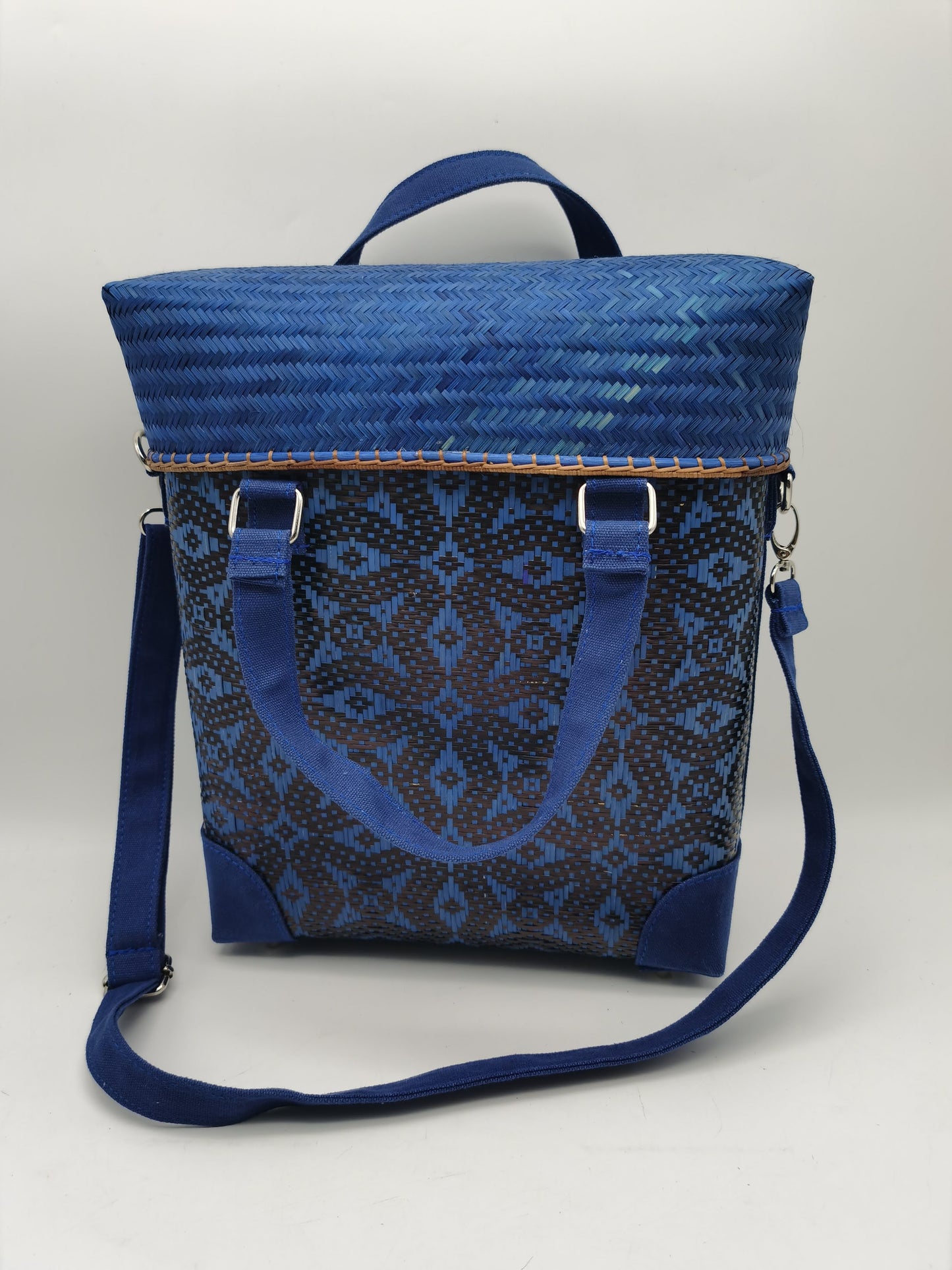 Ethnic Blue Bamboo Weave Sling Tote