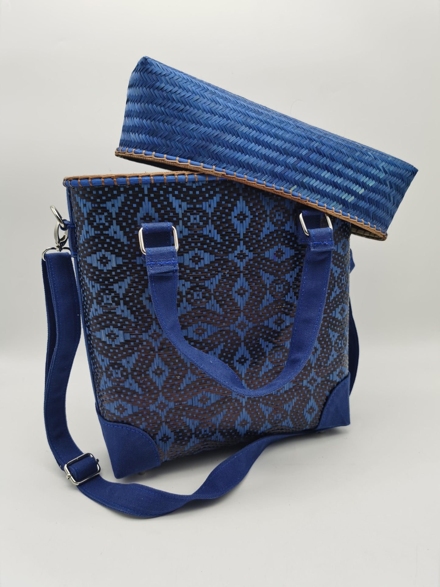 Ethnic Blue Bamboo Weave Sling Tote